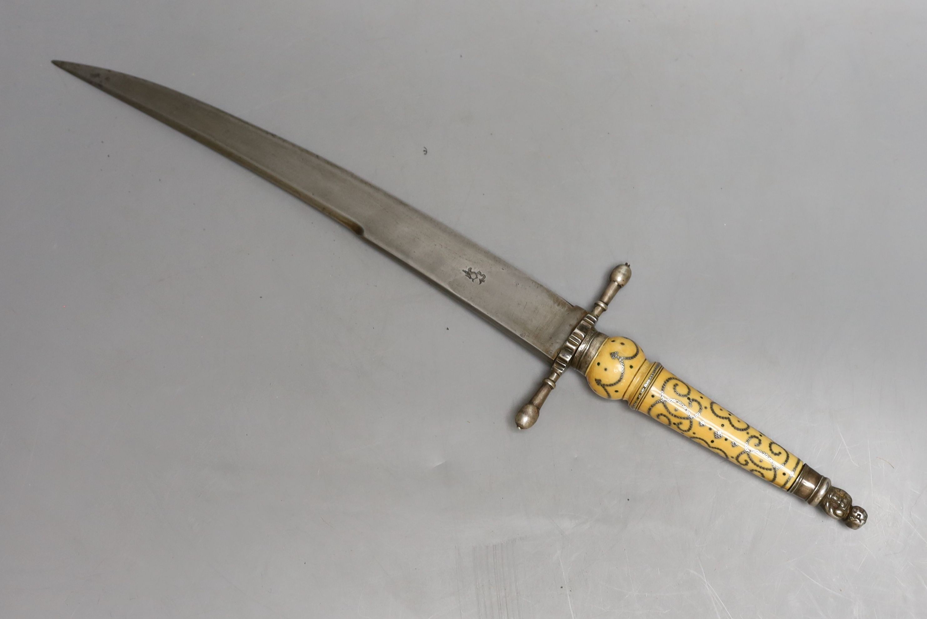 A Fine English Charles II officer’s plug bayonet, blade 30cms struck with maker’s mark, silver mounts including pommel formed as a pair of addorsed angels, turned ivory grip inlaid with green stained ivory pellets and si